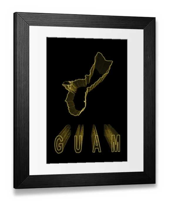 Framed Print : Map of Guam, Gold Map On Black Background