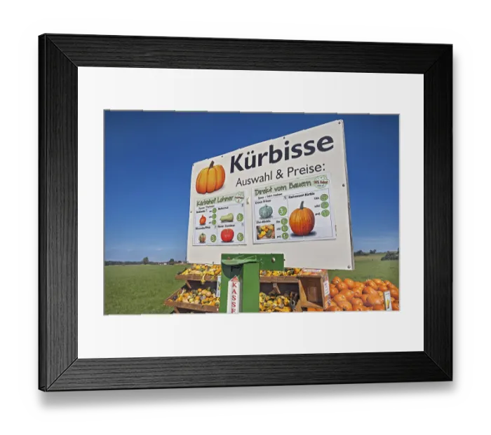 Framed Print : Sign with cash register, various pumpkins directly from the farmer near Munich