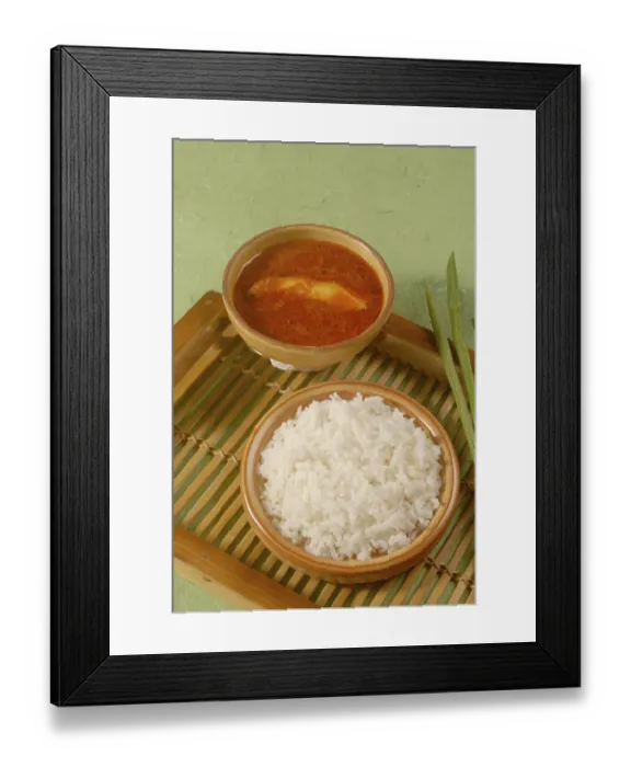 Framed Print : Non Vegetarian, Indian food Fish Curry with rice in plate