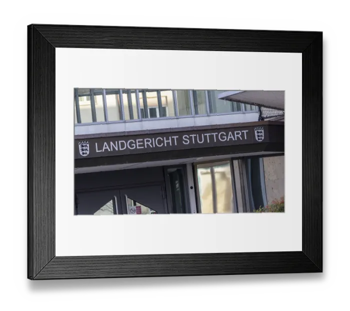 Framed Print : Stuttgart District Court, exterior view with lettering and state coat of arms Framed Print : Stuttgart District Court, exterior view with lettering and state coat of arms