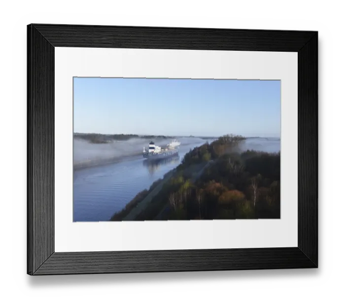 Framed Print : Container ship CMA CGM TIVOLI sailing in fog in the Kiel Canal