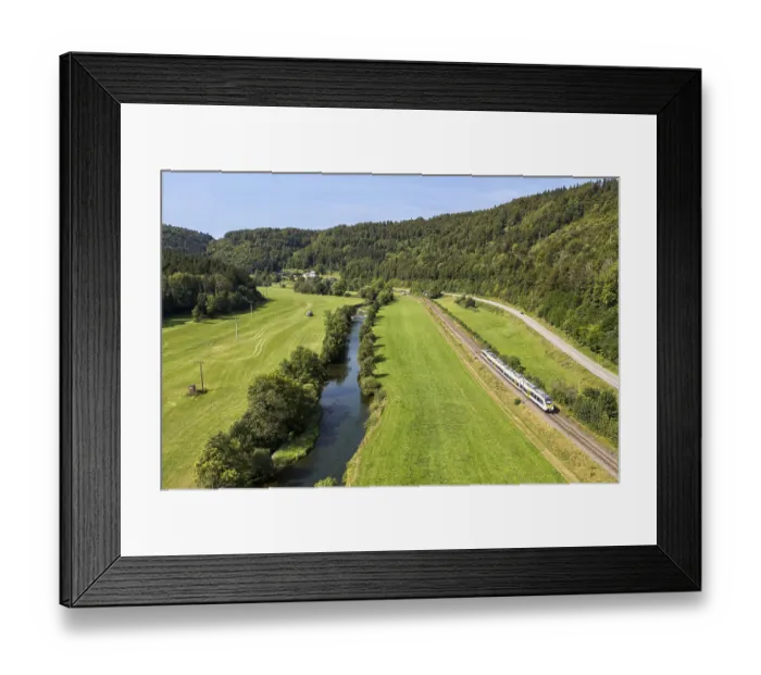 Framed Print : Regional train of the Deutsche Bahn DB Regio of the type Bombardier Talent 2 Aerial view on the Gaubahn in Sulz Framed Print : Regional train of the Deutsche Bahn DB Regio of the type Bombardier Talent 2 Aerial view on the Gaubahn in Sulz
