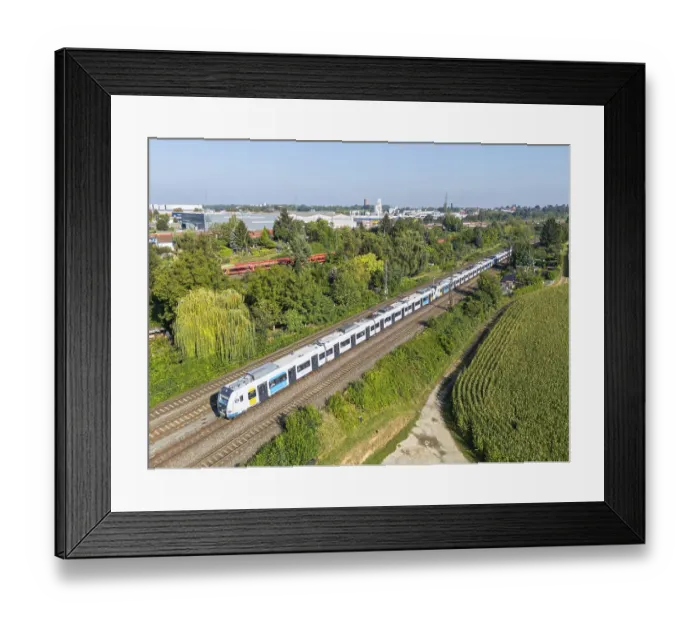 Framed Print : S-Bahn Stuttgart train operated by Deutsche Bahn DB Regio Aerial view in Kornwestheim