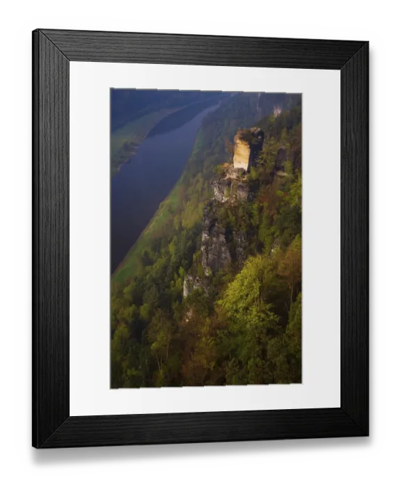 Framed Print : The bright lit Wartturm above the Elbe river seen from the Bastei rocks near the village of Rathen in Saxon Switzerland Framed Print : The bright lit Wartturm above the Elbe river seen from the Bastei rocks near the village of Rathen in Saxon Switzerland