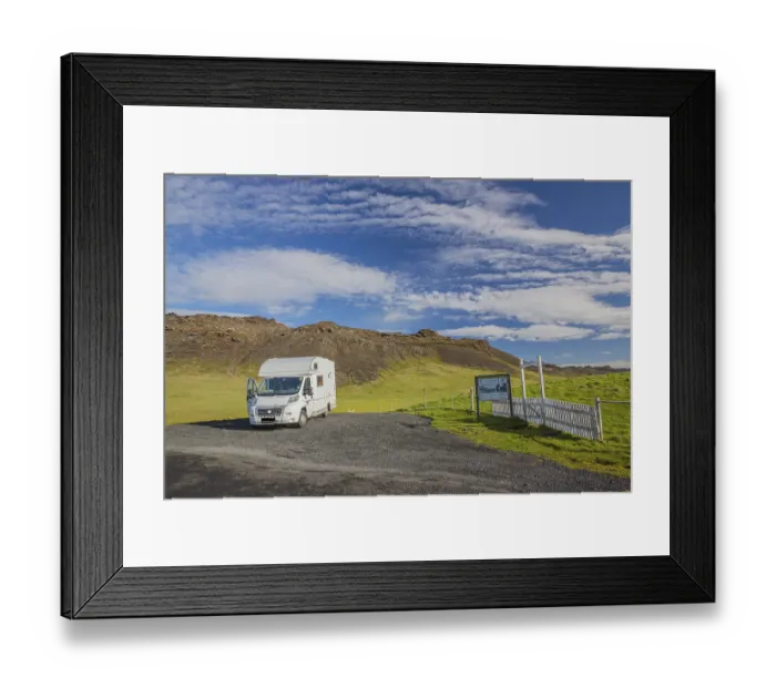 Framed Print : Motorhome on the parking lot at Krysuvik church
