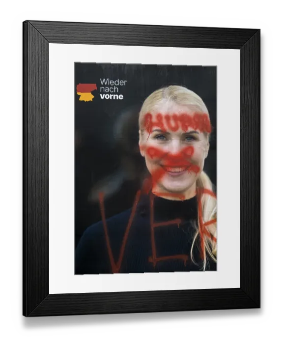 Framed Print : Denigration of a large poster for the 2025 Bundestag election by the CDU with Katja Strauss-Koster