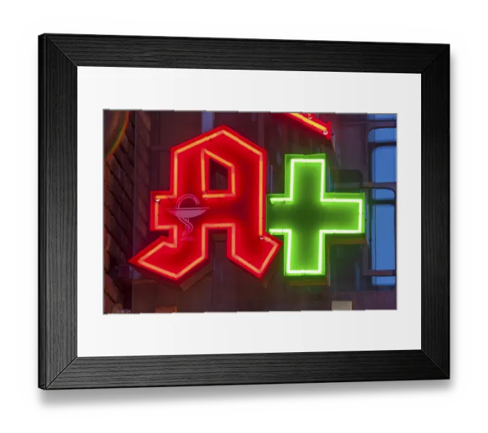Framed Print : Pharmacy sign, pharmacy logo, red A with Aesculapian snake at dusk