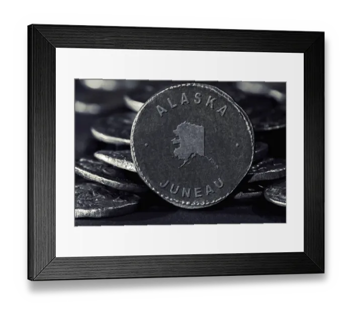 Framed Print : Silver Coin with Map of Alaska, Silver Coin Design Framed Print : Silver Coin with Map of Alaska, Silver Coin Design