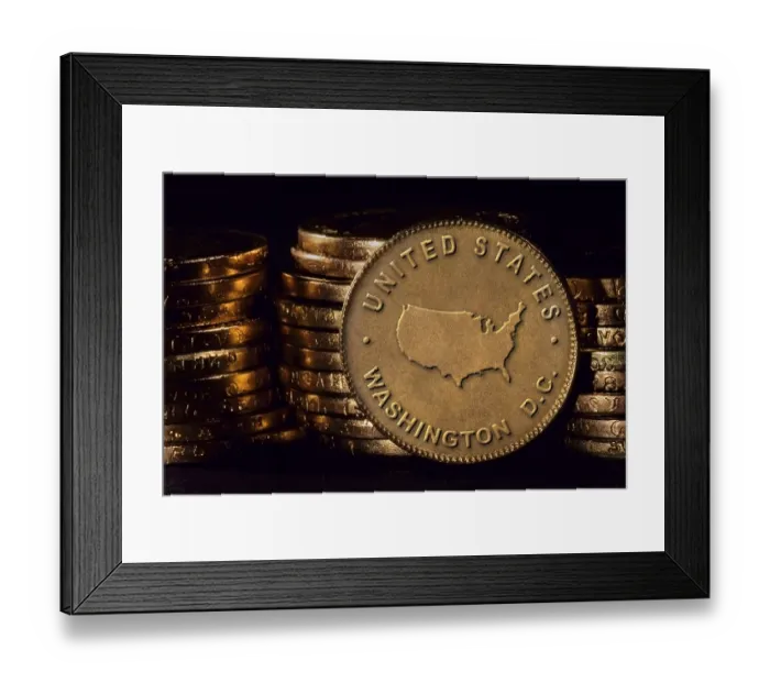 Framed Print : Golden Coin with Map of United States