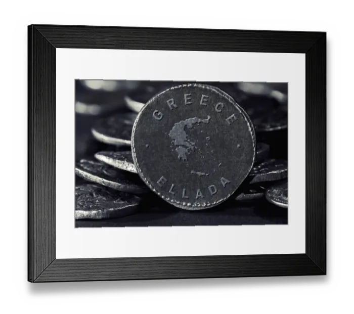 Framed Print : Silver Coin with Map of Greece, Silver Coin Design