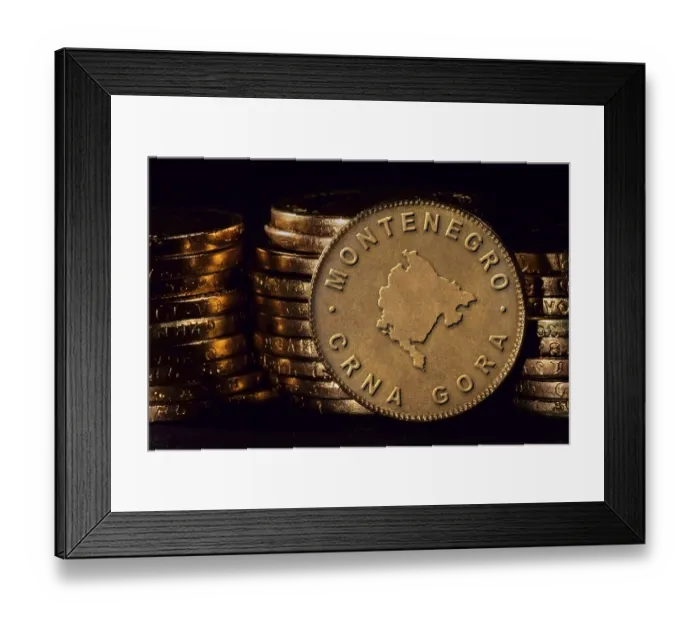 Framed Print : Golden Coin with Map of Montenegro