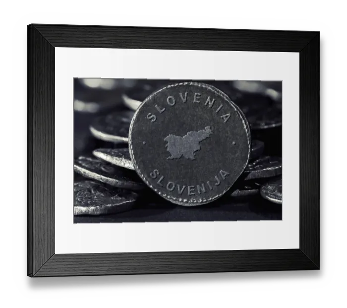 Framed Print : Silver Coin with Map of Slovenia Framed Print : Silver Coin with Map of Slovenia