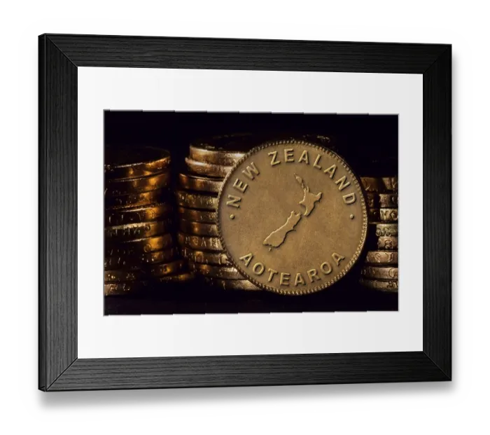 Framed Print : Golden Coin with Map of New Zealand