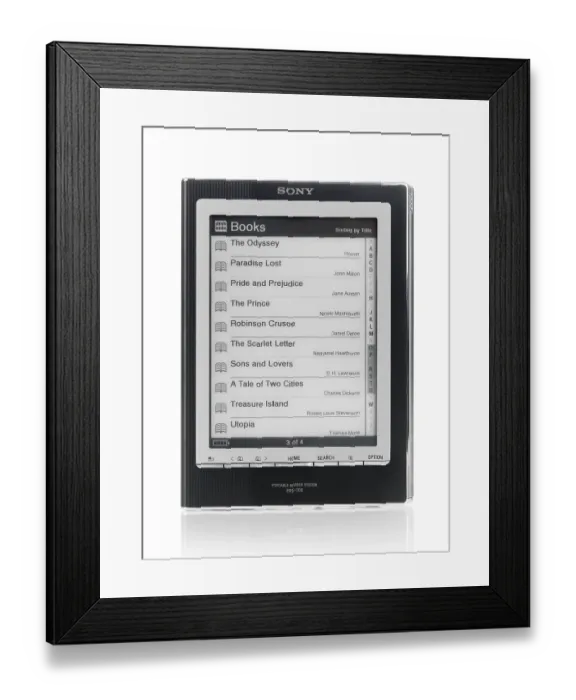 Framed Print : Sony Reader with a list of books on its display