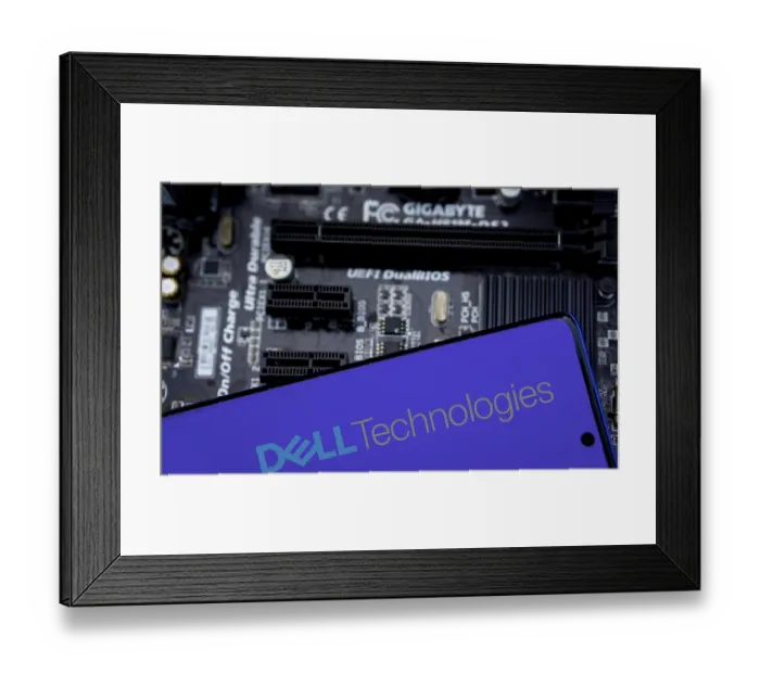 Framed Print : Dell company logo displayed on mobile phone