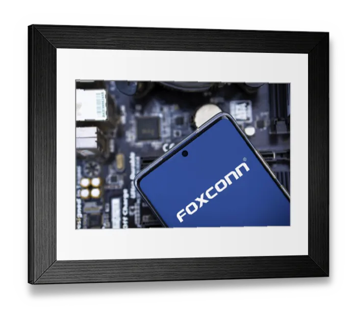 Framed Print : Foxconn company Logo on Smartphone Framed Print : Foxconn company Logo on Smartphone