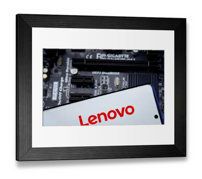 Framed Print : Lenovo Logo on smartphone