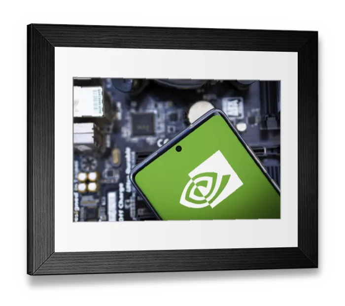 Framed Print : NVIDIA logo on phone and blurred chip on the background-Dhaka Framed Print : NVIDIA logo on phone and blurred chip on the background-Dhaka
