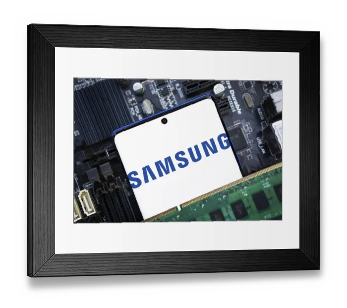 Framed Print : SAMSUNG logo, brand on the smartphone screen