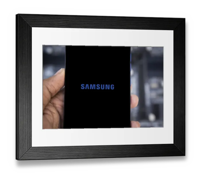 Framed Print : SAMSUNG logo, brand on the smartphone screen