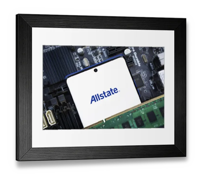 Framed Print : Smartphone with logo allstate insurance company on paper policy and money currency