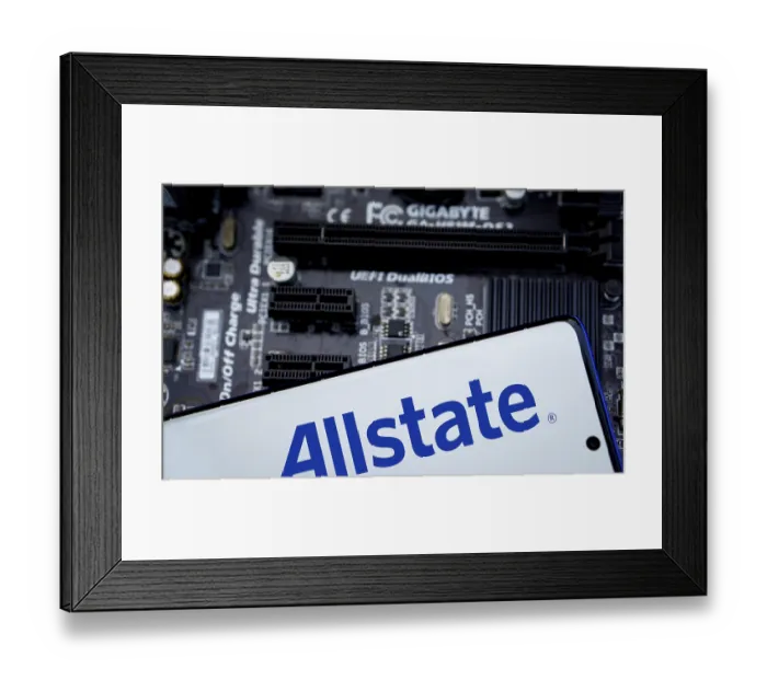 Framed Print : Smartphone with logo allstate insurance company on paper policy and money currency
