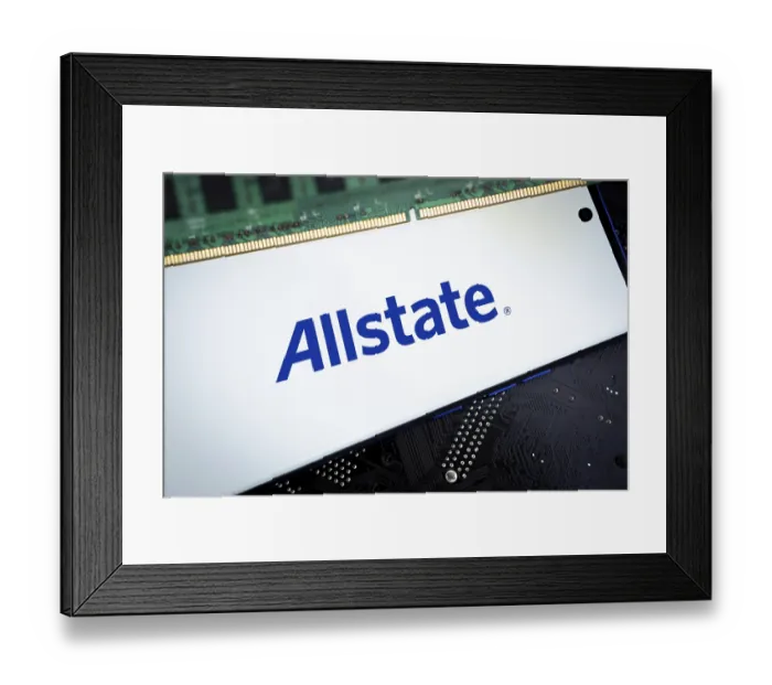 Framed Print : Smartphone with logo allstate insurance company on paper policy and money currency