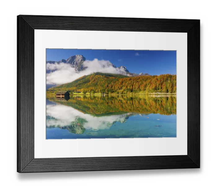 Framed Print : Lake Almsee in autumn with a forest reflected in the lake
