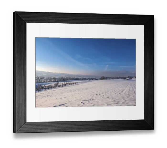 Framed Print : Snowy, wide field with a view of a distant row of trees and blue sky in the winter landscape Framed Print : Snowy, wide field with a view of a distant row of trees and blue sky in the winter landscape