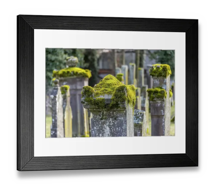 Framed Print : Jewish cemetery with gravestones and grave slabs with green moss