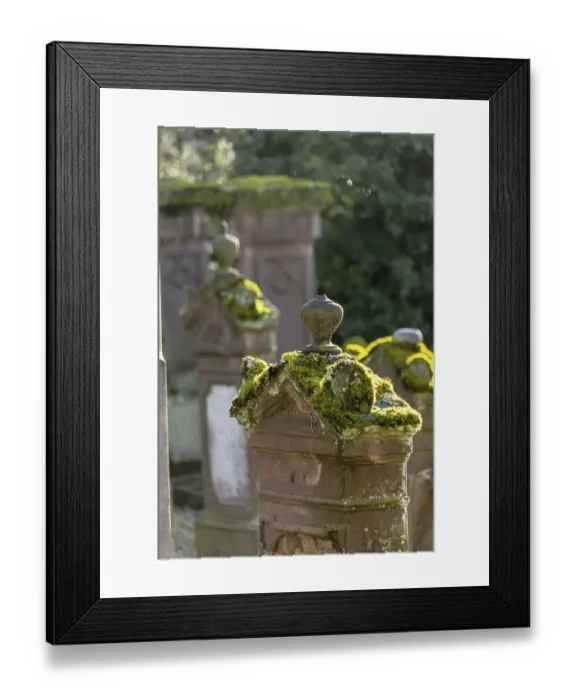 Framed Print : Jewish cemetery with gravestones and grave slabs with green moss