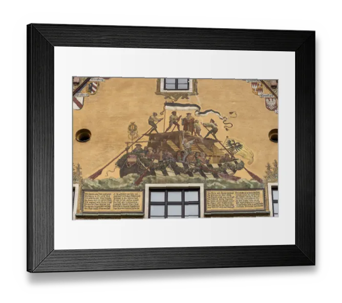 Framed Print : Painted facade with a boat and people on the Danube at Ulm Town Hall from the 15th century
