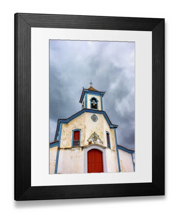 Framed Print : Perspective of the facade of a historic baroque church in the city of Mariana in Minas Gerais Framed Print : Perspective of the facade of a historic baroque church in the city of Mariana in Minas Gerais