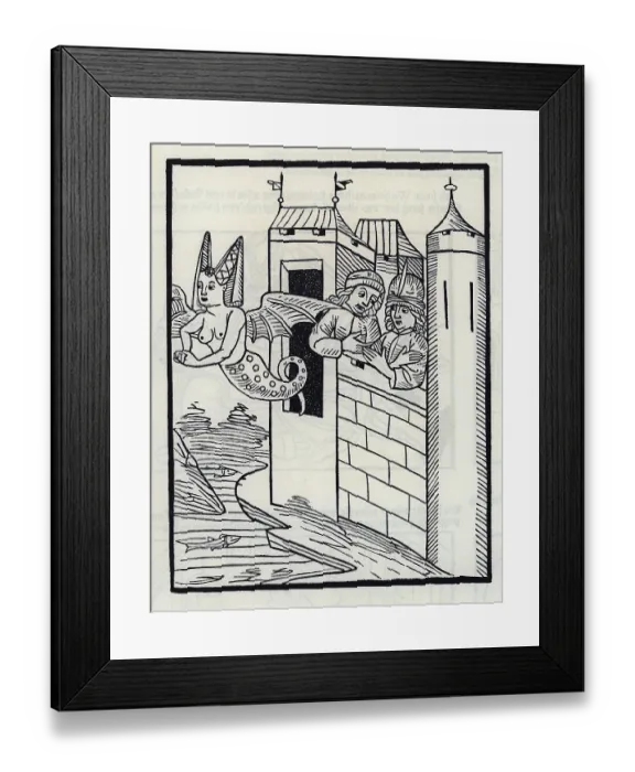 Framed Print : Woodcut from the oldest illustrated edition of Schone Melusine from 1480 Framed Print : Woodcut from the oldest illustrated edition of Schone Melusine from 1480