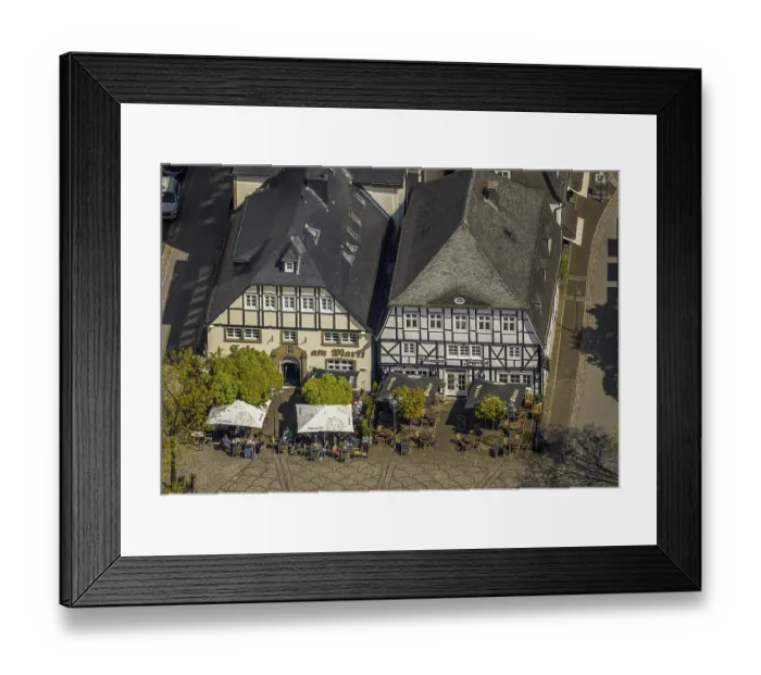 Framed Print : Aerial view, half-timbered houses with Restaurant Jagerhof and Cafe am Markt