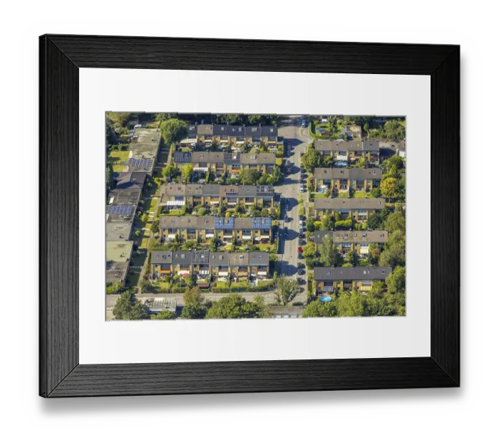 Framed Print : Aerial view, terraced house housing estate with allotment garden between Botdingweg and Westkamp