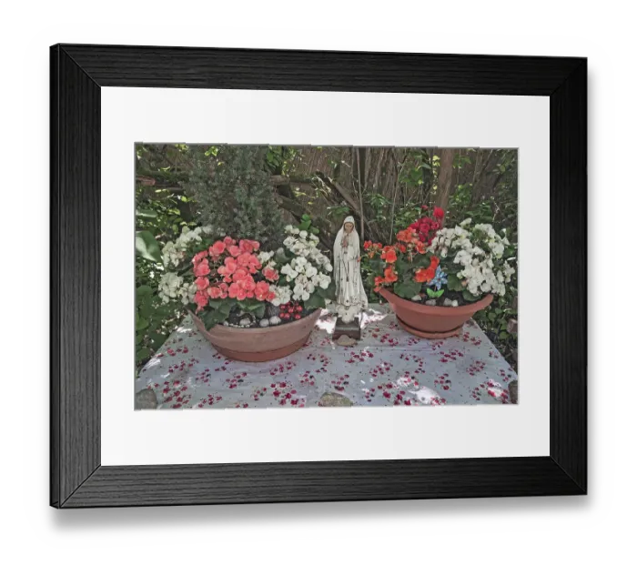 Framed Print : Figure of the Virgin Mary with flower bowls at the East-West Peace Church Framed Print : Figure of the Virgin Mary with flower bowls at the East-West Peace Church