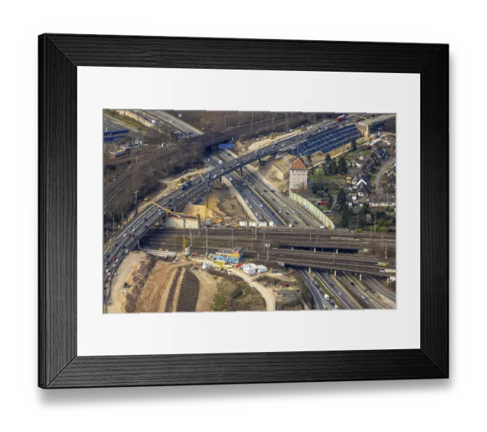 Framed Print : Aerial view, motorway junction Kaiserberg of the motorways A40 and A3 with construction sites