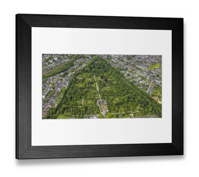 Framed Print : Aerial view, Duisburg-West, cemetery Trompet and church Reha