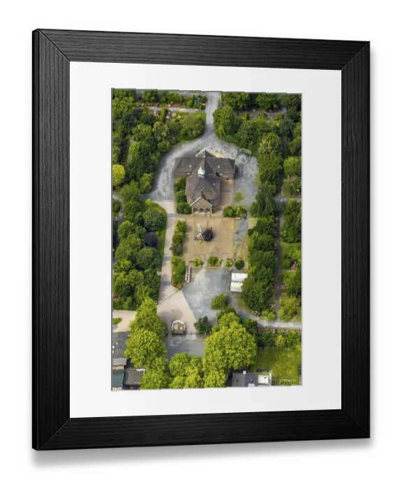 Framed Print : Aerial view, Duisburg-West, cemetery Trompet and church Reha
