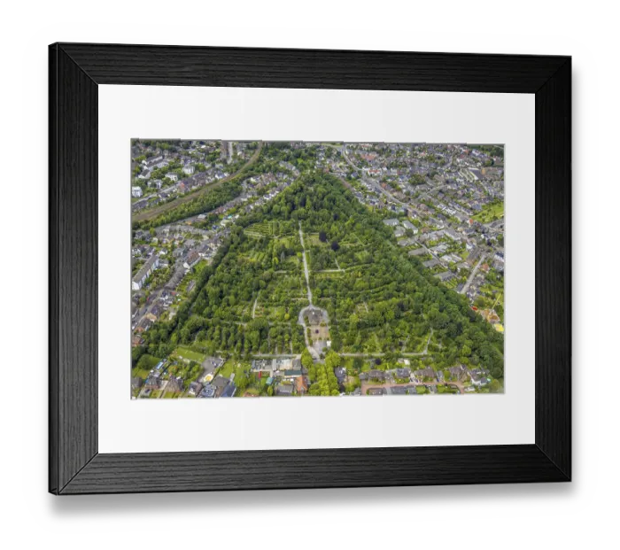 Framed Print : Aerial view, Duisburg-West, cemetery Trompet and church Reha