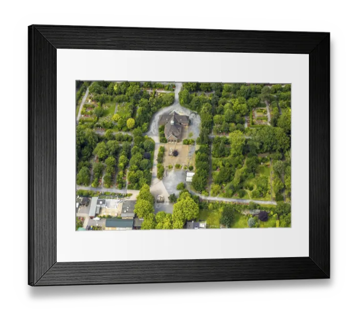 Framed Print : Aerial view, Duisburg-West, cemetery Trompet and church Reha