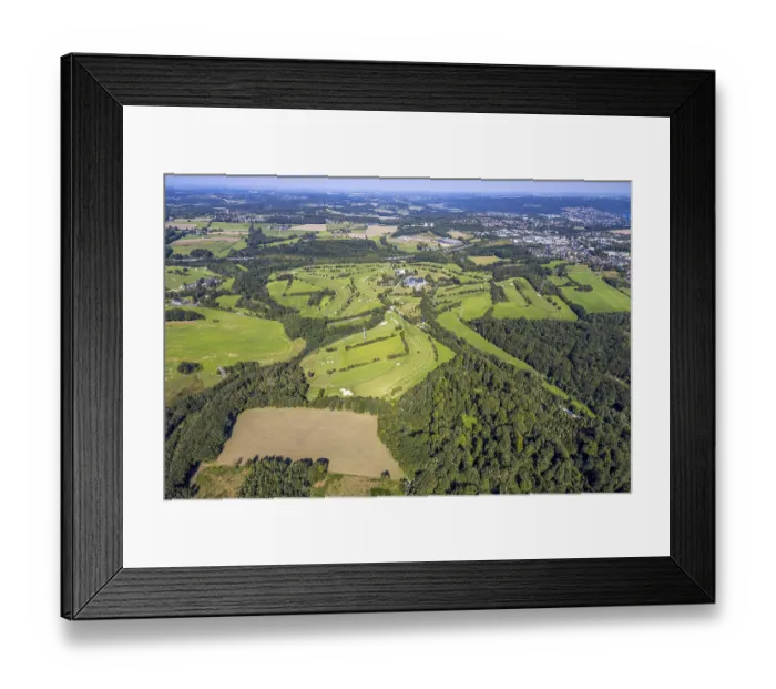 Framed Print : Aerial view, golf course Gut Berge golf meadow on the A1 motorway