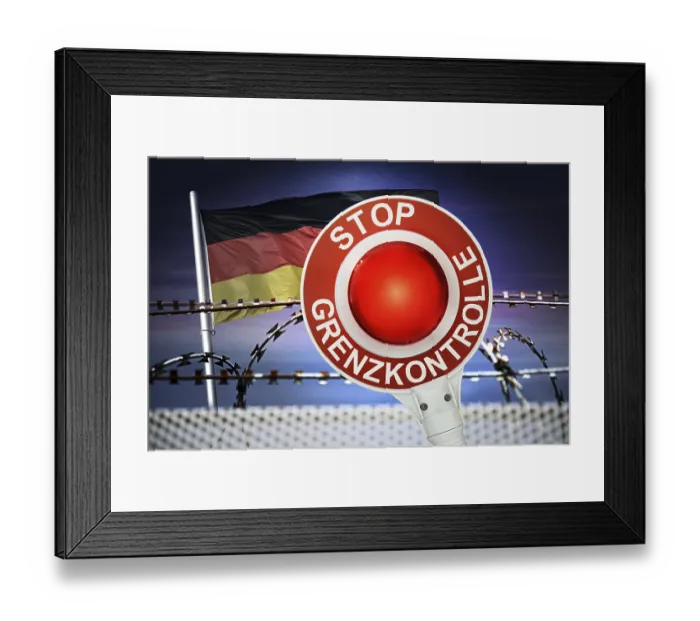 Framed Print : Police trowel with the inscription Stop border control and German flag in front of barbed wire