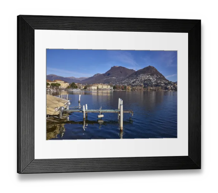 Framed Print : Jetty, motorboat, lake, hill, village