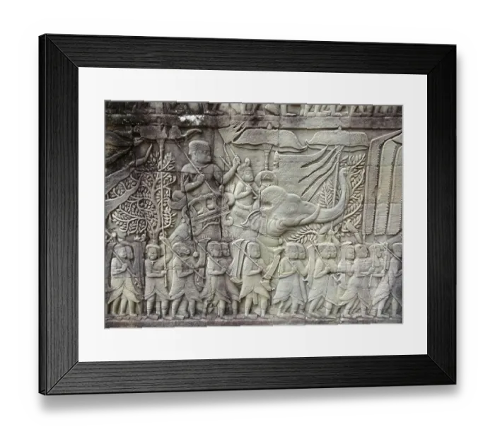 Framed Print : Stone relief detail of a temple in Angkor
