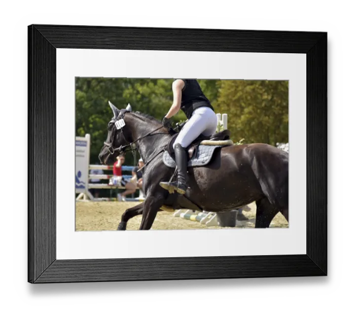 Framed Print : Close-up of rider, horse and equipment in the course during the competition at a show jumping tournament