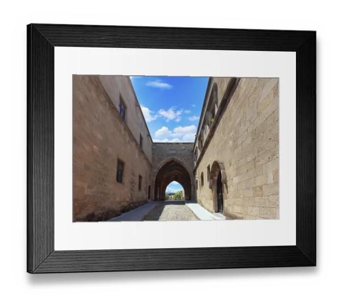 Framed Print : Greece travel destination, colorful streets of Rhodes island in historic city center of Fira