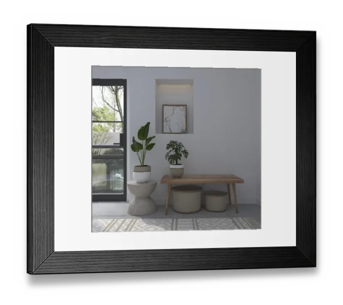 Framed Print : Interior space with plants, wooden bench Framed Print : Interior space with plants, wooden bench