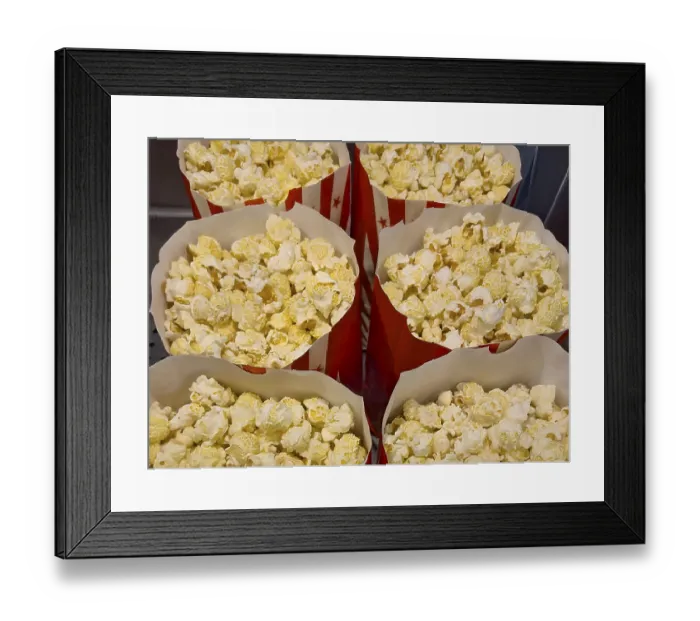 Framed Print : Several open large paper bags with snack popcorn puffed corn popping corn